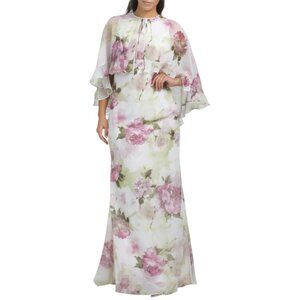 TERI JON Chiffon Floral Ruffle Caplet Gown